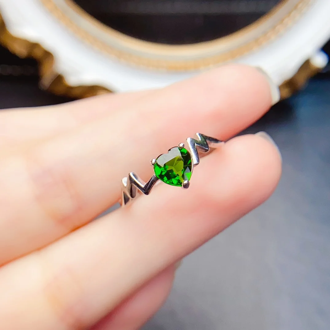 

Fashion 6mm Natural Heart-shaped Diopside Ring Real S925 Sterling Silver Certificate Fine Charm Weddings Jewelry for Woman FS