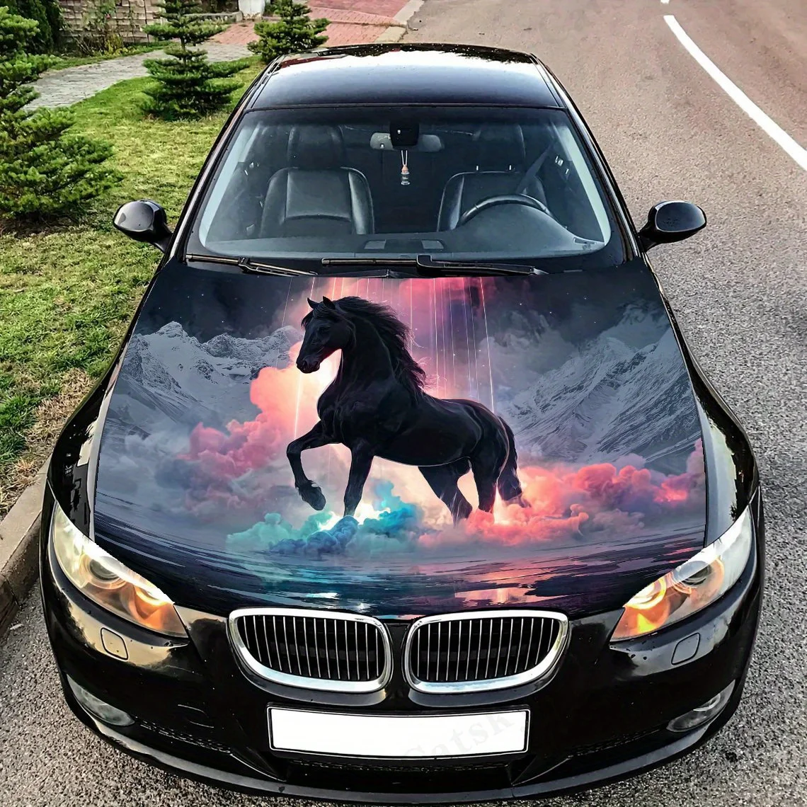 

Красочные Аврора, снежные горы и лошади с узорами животных, виниловые наклейки на капот автомобиля, водонепроницаемые и износостойкие украшения