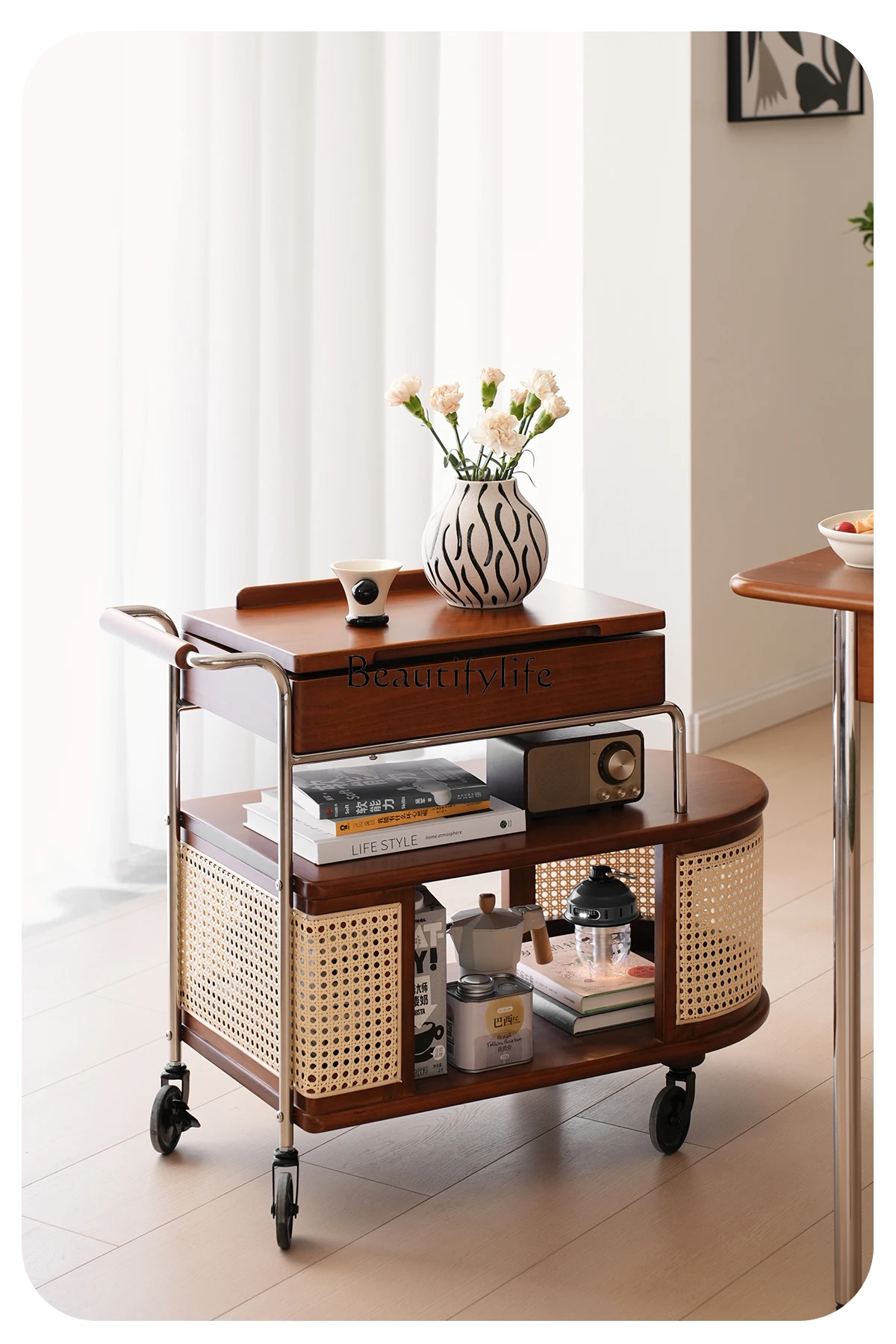 Retro Removable Side Table Rattan Solid Wood Storage Trolley Living Room Storage Sofa Side Cabinet