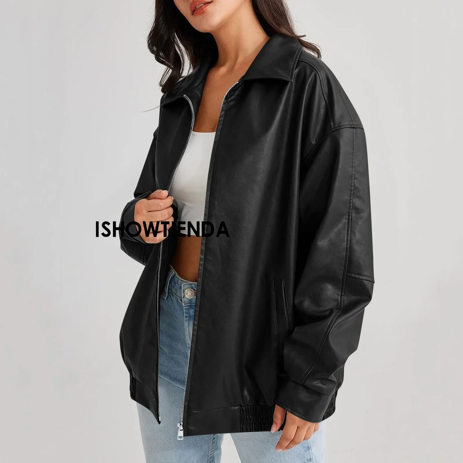 

Women Vintage Pu Jacket Fashion Streetwear Oversize Overcoat American Style Casual Lady Casual Loose Fauxleather Jacket Clothing