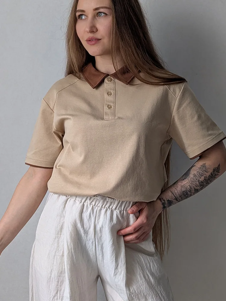Streamgirl Summer Women's T-shirts And Polo Shirts Woman Cotton Black Loose Short Sleeve Brown Polo T Shirts For Women Oversized 22 S4b892147a2784551888481a22b794a31E