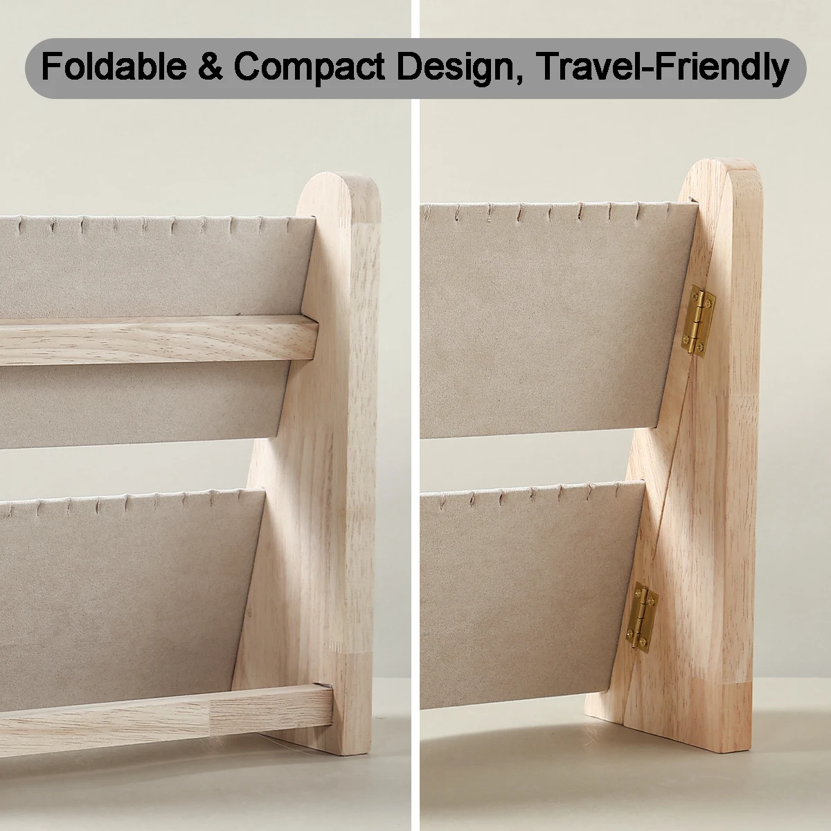 Foldable 2-Tier Sloped Wood Jewelry Display Stand – Necklace/Pendant/Bracelet Organizer with Rack & Tray (Easy Storage)
