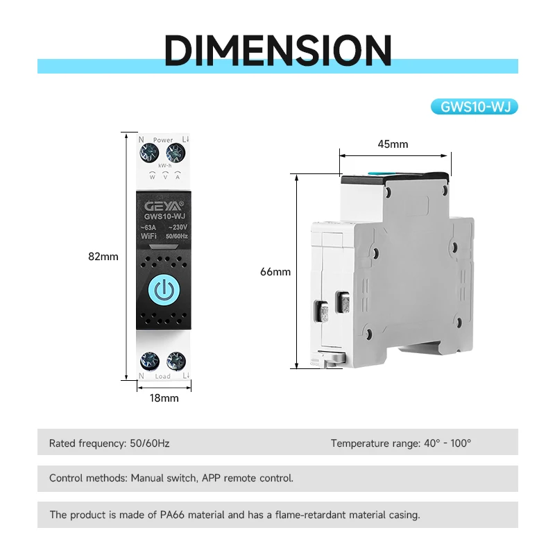 GEYA Wifi Mertering Smart Switch 1P + N 1-63A Control de aplicación con protección contra sobrecorriente y disyuntor de protección de voltaje MCB