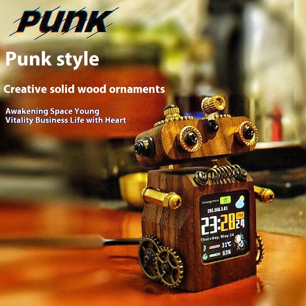 Intelligent Weather Forecast Clock Punk Robot Technology Table Decoration Color Screen Electronic Stock Album Wooden Gift