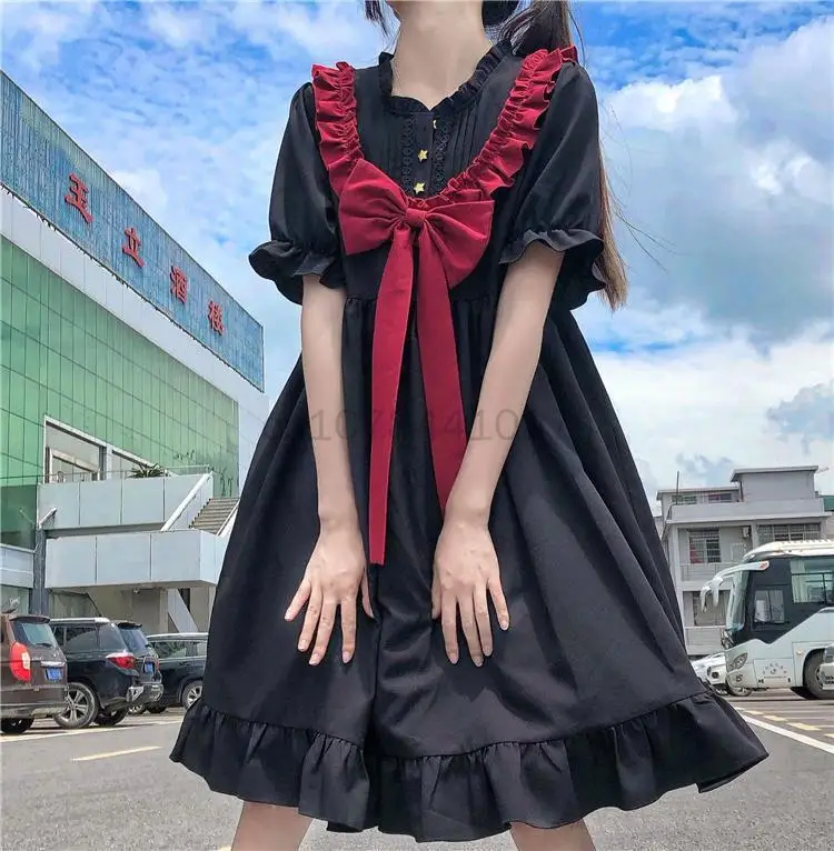 Vestido de estilo japonés Kawaii para niña, vestido de Lolita de estilo Preppy, Mangas de burbuja dulce, vestido Lolita de calle