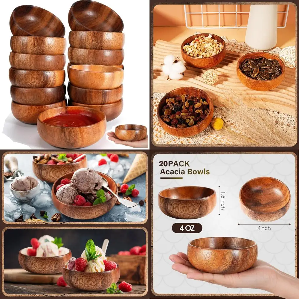 

Acacia Wooden Calabash Bowls Set of 20, Small Round Hand Carved Serving Bowls for Salad, Popcorn, Pasta, and Dips