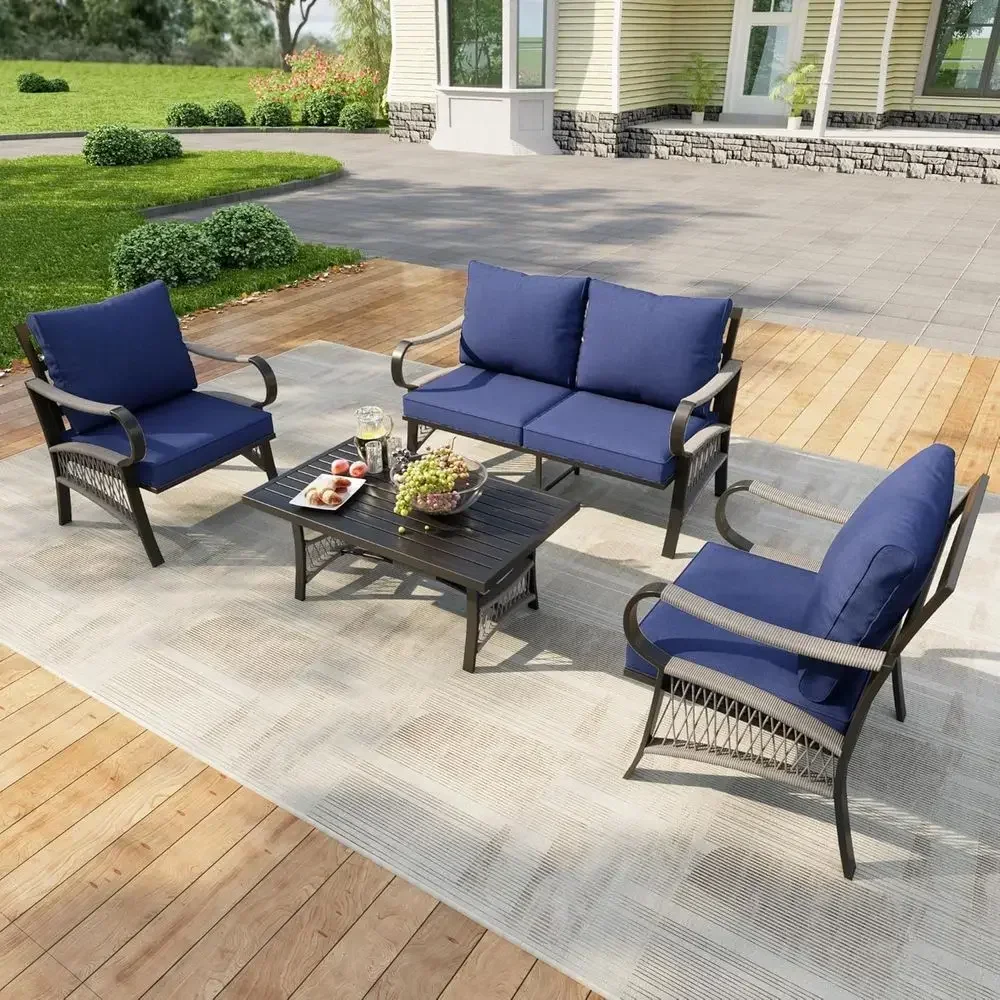 4-Piece Outdoor Metal Patio Furniture Set with 2 Chairs, Loveseat, Coffee Table - Weather-Resistant for Garden, Deck in Blue