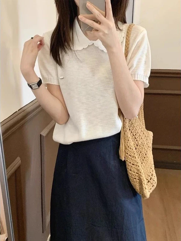 

Sweet Youthful Short Sleeve Knitted Sweater Women's Collar Versatile Stylish Summer New Design Polyester Fiber Top