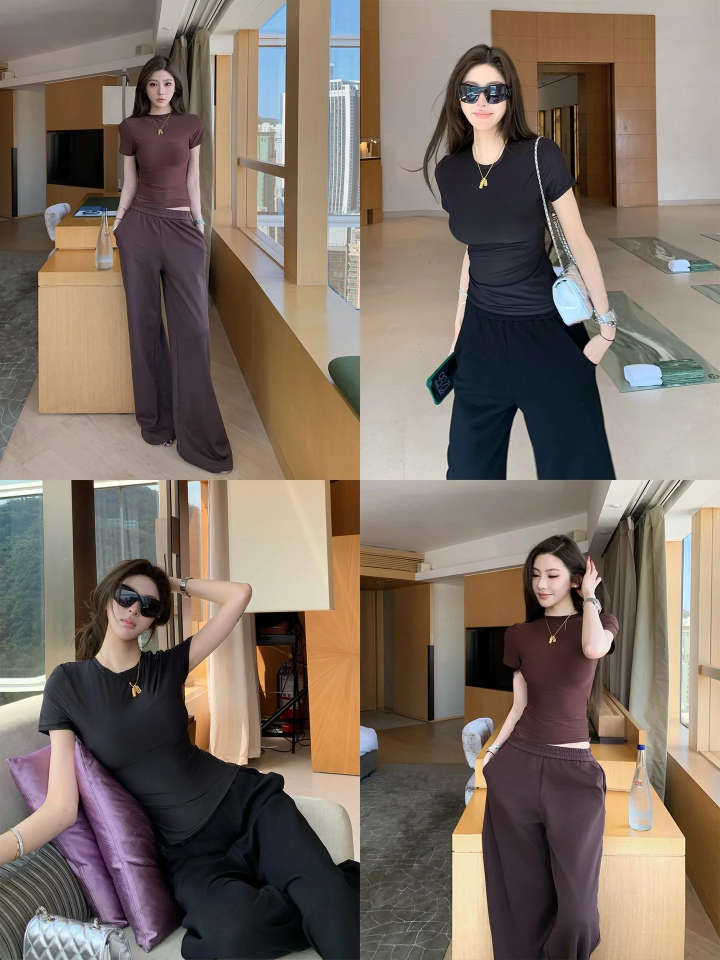 

High Elastic Short Sleeve T-Shirt And Sporty Casual Pants Two-Piece Set Women's Fashion Spring Collection round Neck High Waist