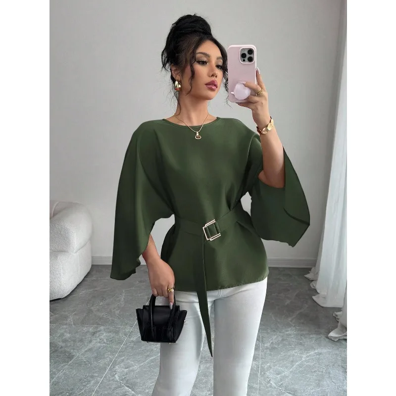 Women Round Neck Long Sleeve Blouse with Belt Loose Oversized Waist Cinched Elegant Office Commuter Solid Casual Tops view 2