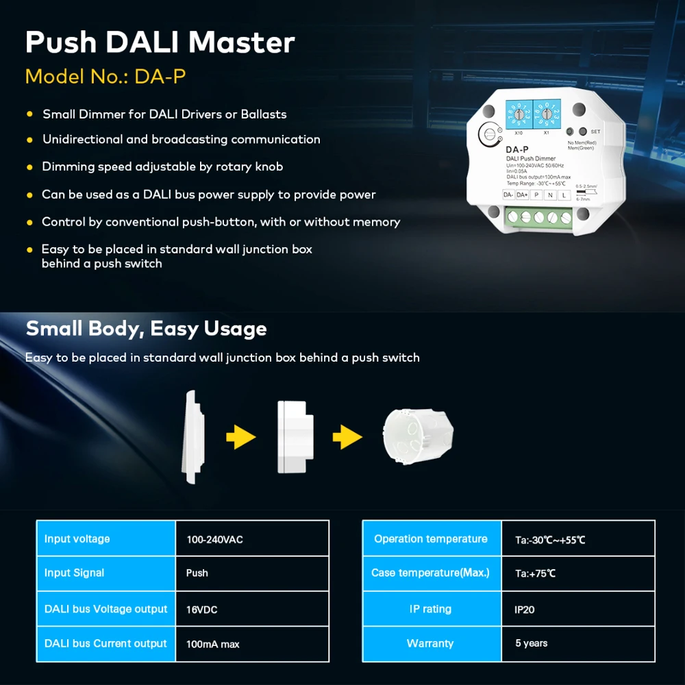 DALI Push LED Dimmer DA-P AC 110V 220V 230V with Push Dimming for DALI LED Driver Ballasts Memory Funtion DALI Bus Power Supply