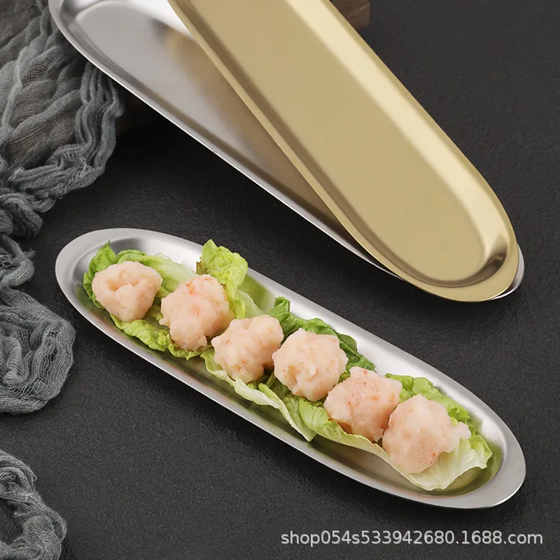 

golden stainless steel shrimp sliding plate Special hot pot restaurant tableware Beef balls Long strip sushi barbecue plate