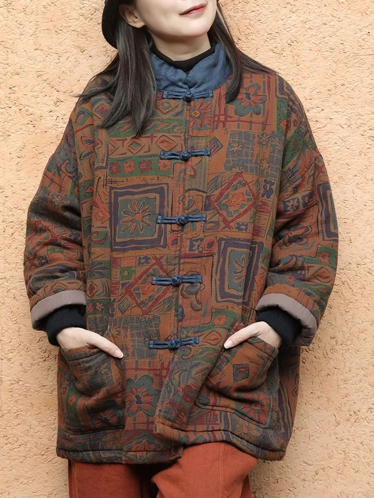 

Хлопковая куртка Thiened с принтом на пуговицах, теплая свободная одежда в стиле ретро, китайская зимняя новинка, женская модная верхняя одежда