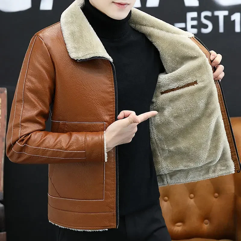 

Мужское меховое интегрированное пальто из овечьей шерсти, зимнее мужское новое кожаное пальто с лацканами, большой размер, утепленная мотоциклетная куртка на флисовой подкладке