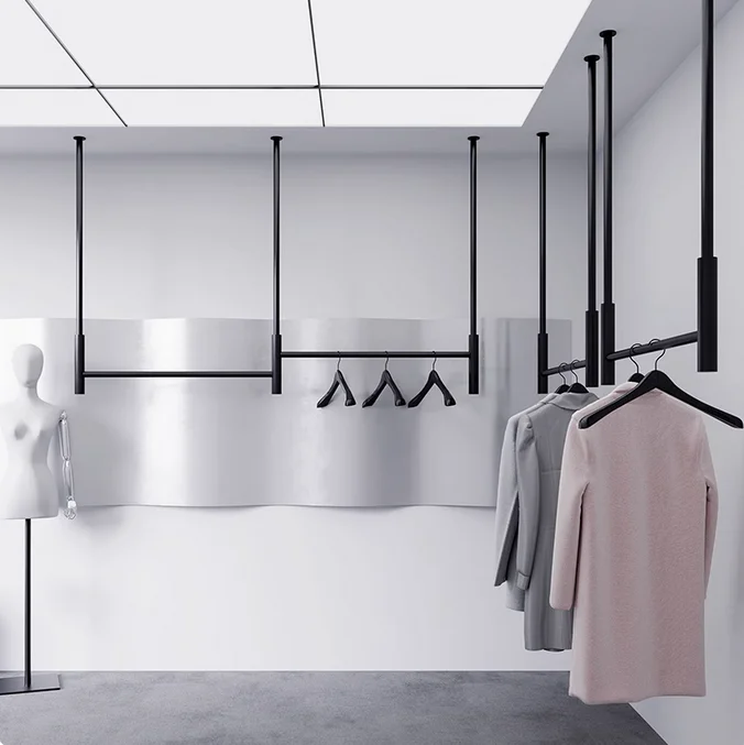 Clothing store specific display rack hanger for men's and women's clothing hanging on the wall