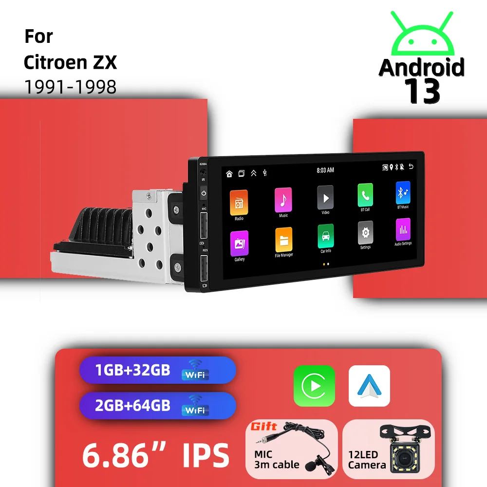 

1 Din Radio Head Unit Wireless Carplay Autoradio Android Car Multimedia for Citroen ZX 1991-1998 6.86" GPS BT WIFI Stereo