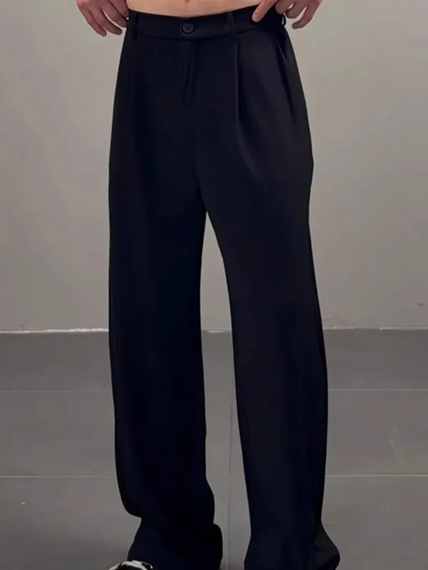 

New 2025 Men's Casual Pants Korean Sle Versatile Wide Leg Floor Length Pure Color Straight Tube Zipper mid Waist Long Trousers