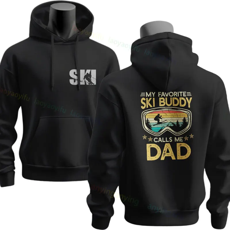 Funny Dad Ski Buddy Graphic Hoodie Long Sleeve Pullover Sportswear for Fall & Winter Outdoor Clothing Perfect Gift for Skiers