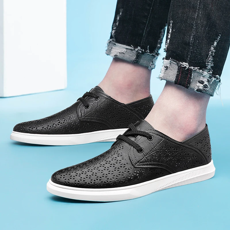 

New Men's Quality Leather Shoes Driving Shoes Men Shoes Genuine Leather Mesh Summer Breathable Man British Style Soft Sole Shoes