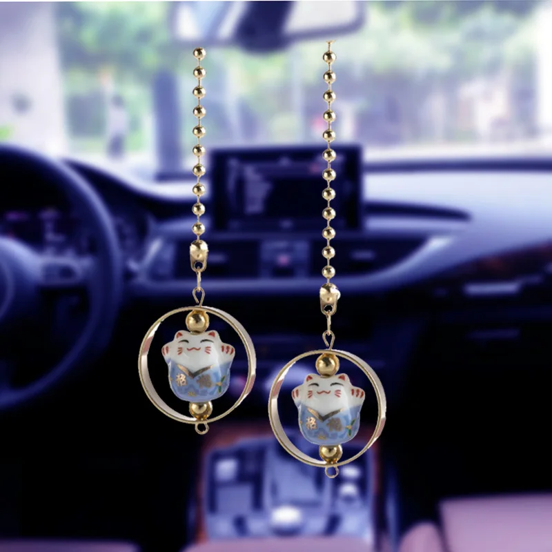 Car Pendant Lucky Cat Car Rearview Mirror Decoration Ceramics Alloy Hanging Ornaments Gift Auto Mirror Accessories for Girls