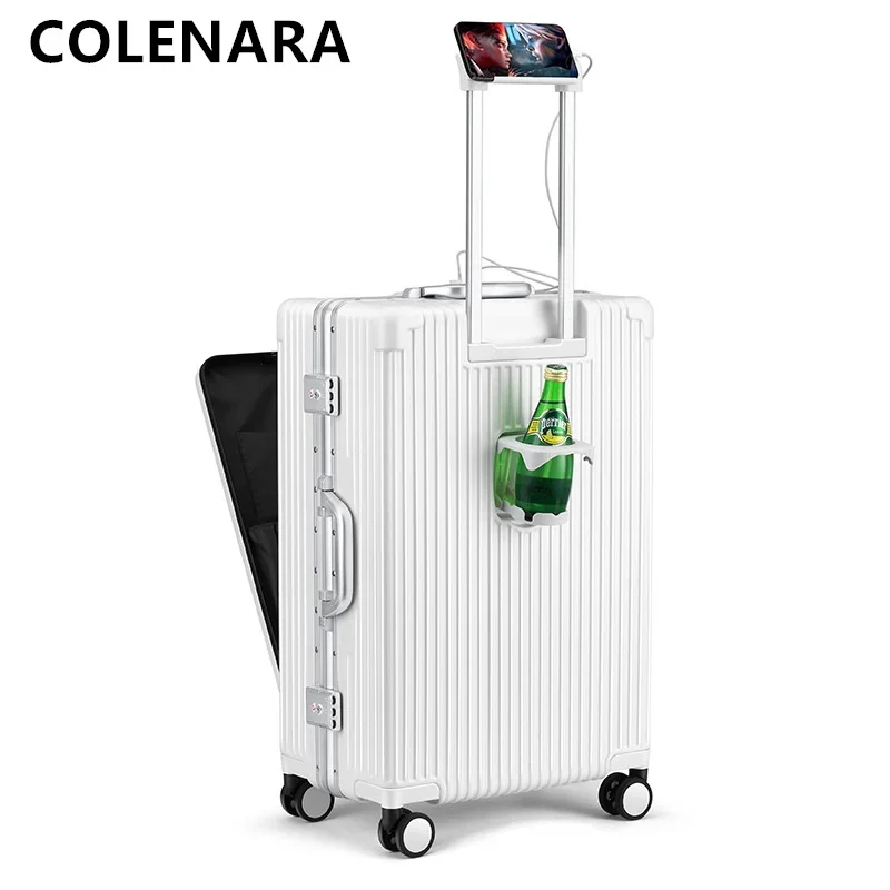 COLENARA Suitcase 18 Inch Front Opening Aluminum Frame Boarding Box Men 24 Laptop Trolley Case USB Charging Carry-on Luggage