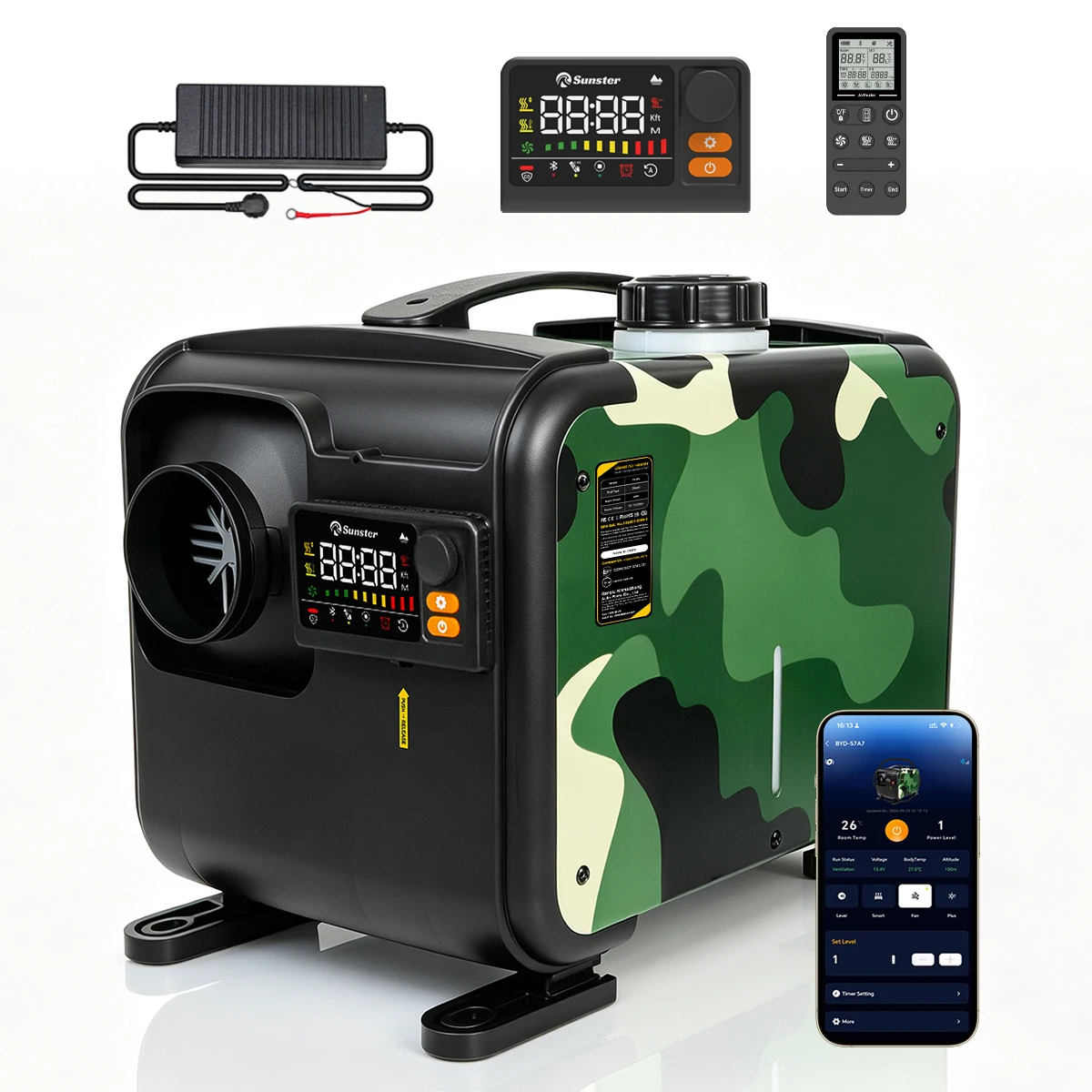 Sunster TP B3 8KW All-in-One Diesel-Standheizung, 12V/24V 110-240V Dual-Power, Bluetooth LCD, 3-in-1 Smart-Fernbedienung mit Thermostat & CO-Monitor, Vent-Turbo-Modus, 0,11-0,38L/H, 5L Tank 20H, 35dB