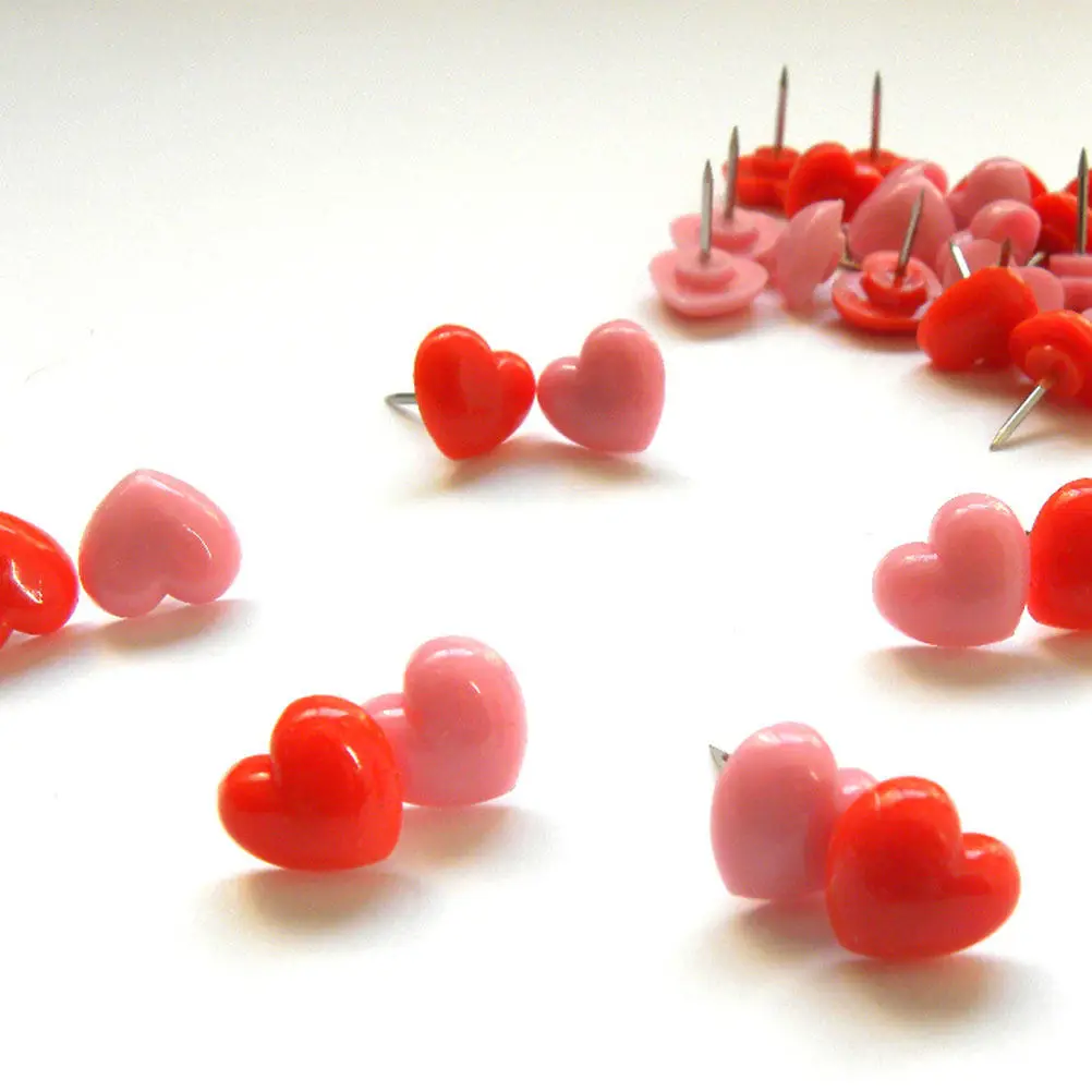 Heart Shaped Push Pins 2 Boxes Metal Iron Tips Plastic Round Heads Fashionable Patterns Decorative Thumbtacks for Corkboard