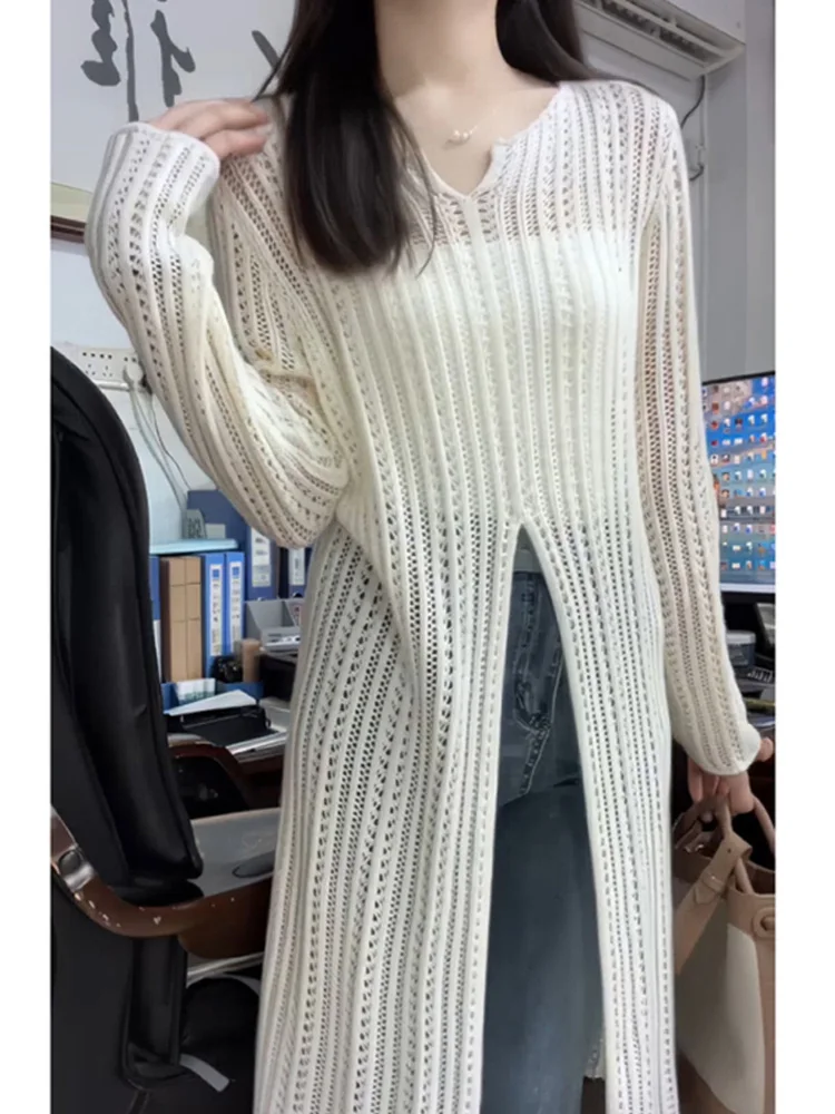 

New Fashion Sexy Split Pullovers Knittes Long Sweater Dress Casual Long Sleeve Thin Women's Sweaters Sun Protection Shirt