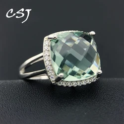 CSJ Elegant Green Amethyst Ring Cushion Cut12mm Gemstone Sterling 925 Silver Fine Jewelry for Women Girl Party with Gift Box
