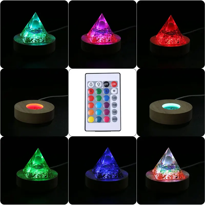 Natural Stone Orgonite Pyramid Crystal Wood Light Base Remote Control Wooden LED Night Light Stand Lamp Holder Lamp Home Decor