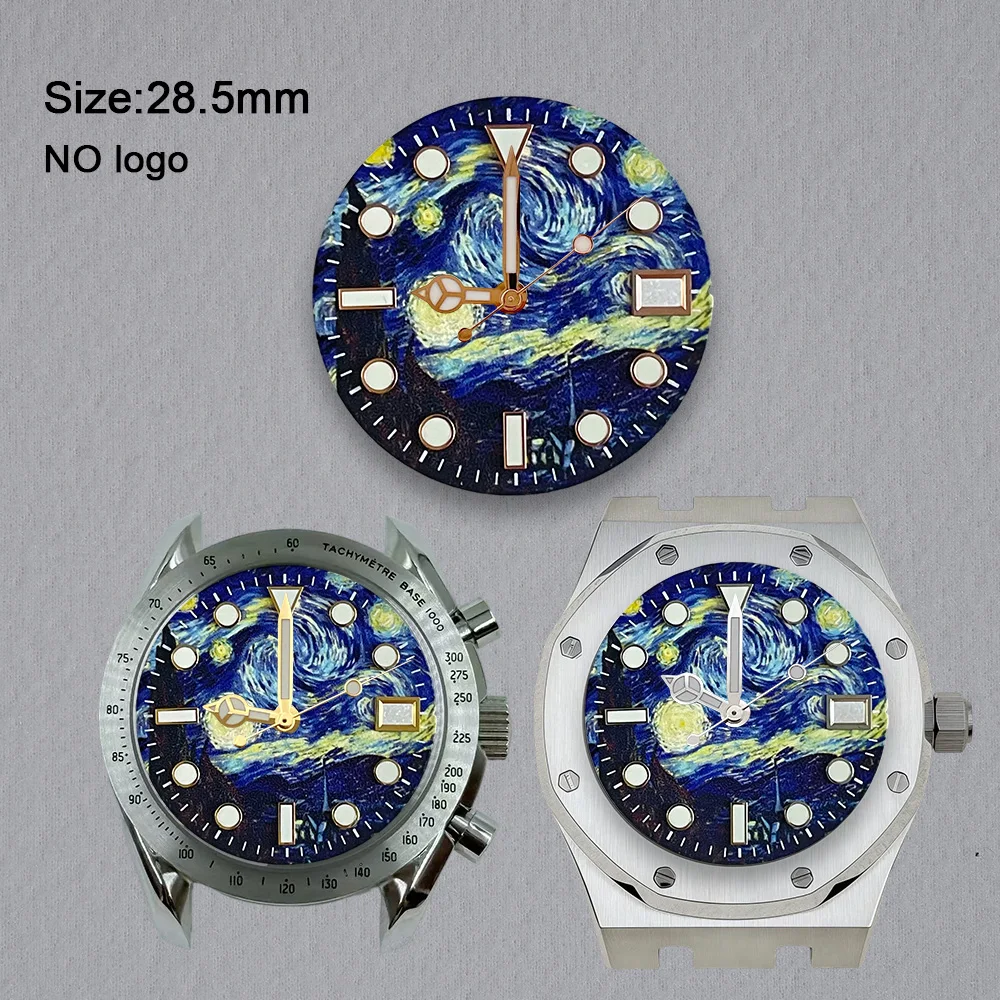 28.5mm No Logo Blank Wave Pattern Dial For NH35 Movement Green Luminous Custom Logo Watch Dials Hands Accessories Repair Tools
