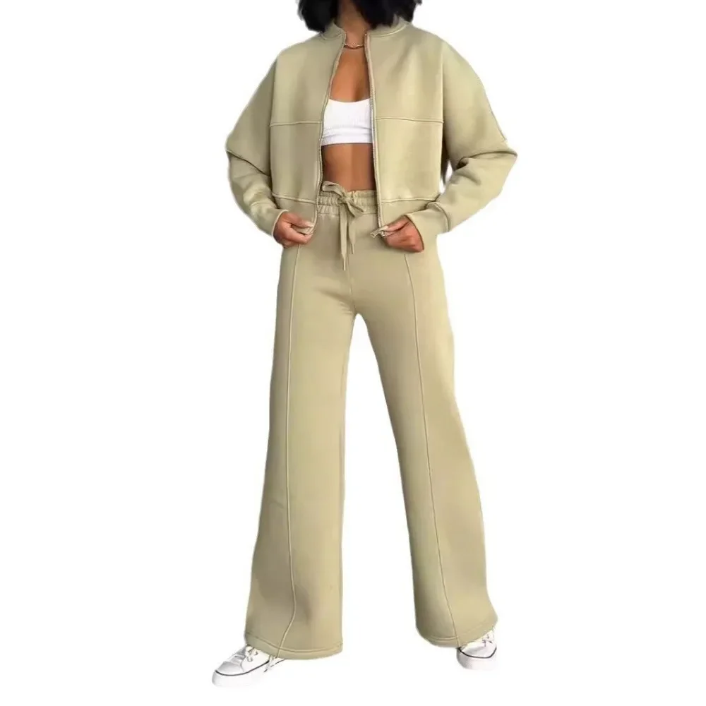 Otoño Invierno mujer chándal suelto cremallera sudadera abrigo y pantalón recto traje deportivo Color sólido Casual conjuntos cómodos