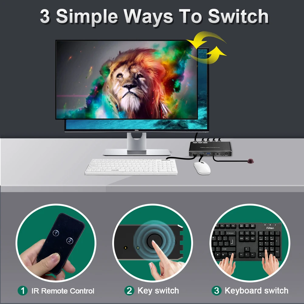 8K HDMI Switcher 2 in 1 Out Audio Extractor Support Atmos Soundbar SPDIF Toslink RCA Audio Remote Control ARC Auto Switch