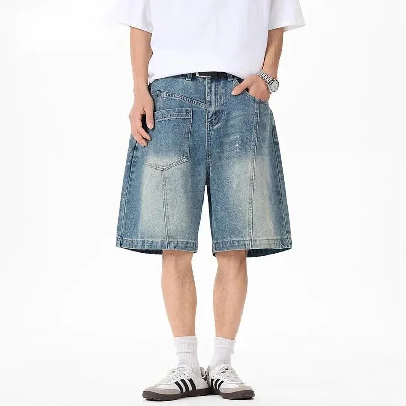 

Minimalist Men's Denim Shorts Whisker Fading Washed Blue Baggy Fit Knee Length Casual Streetwear Shorts 9XJX6R