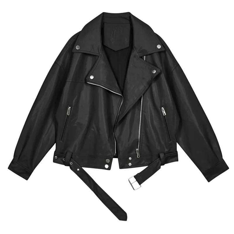 

Zipper Cardigan Faux Leather Women Jackets Long Sleeve Turn Down Collar P U Leather Spliced Pockets Solid Autumn Moto Bike