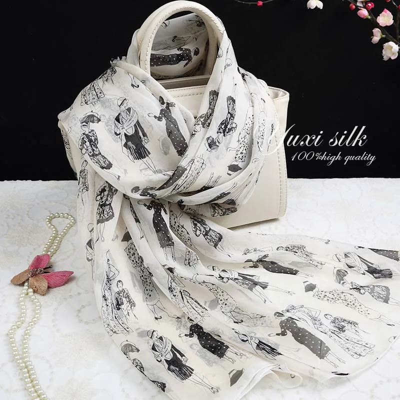 Hoge kwaliteit zwart en wit 100% zijde lange sjaal dames lente, herfst winter zomer