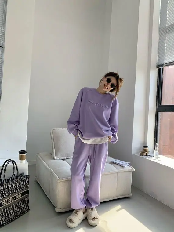 Damen 2026 Neuer Lila Sportanzug Frühling und Herbst Lässiger Modestil Lockerer Langarm-Pullover Oberteil und Hose 2-Teiliges Set – Detail 4