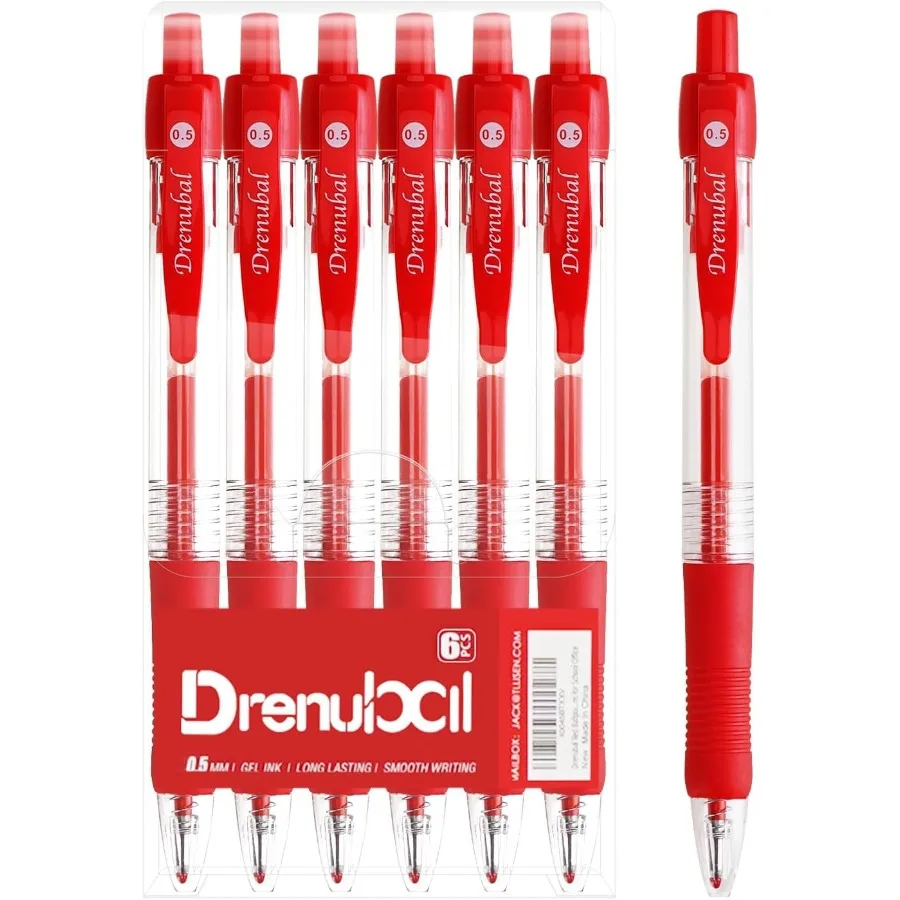 

6 Pack Red Pens 0.5mm Gel Ink Pens QuickDrying Comfort Grip Writing for School Office Ex Gift Set for Students Fine Point Ballp