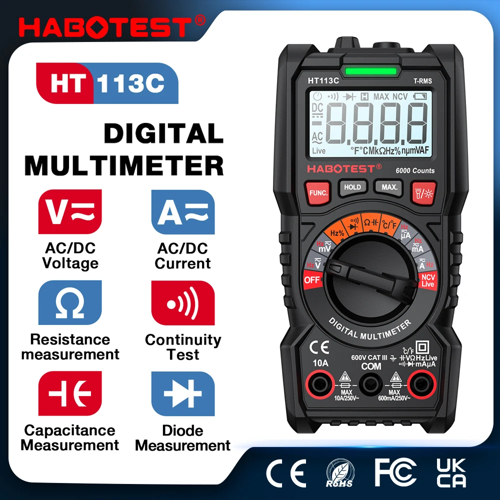 HABOTEST HT113 Digitalmultimeter True-RMS AC/DC Voltmeter Amperemeter Multimetro DMM Widerstand Ohm Kappe Hz Temp Tester