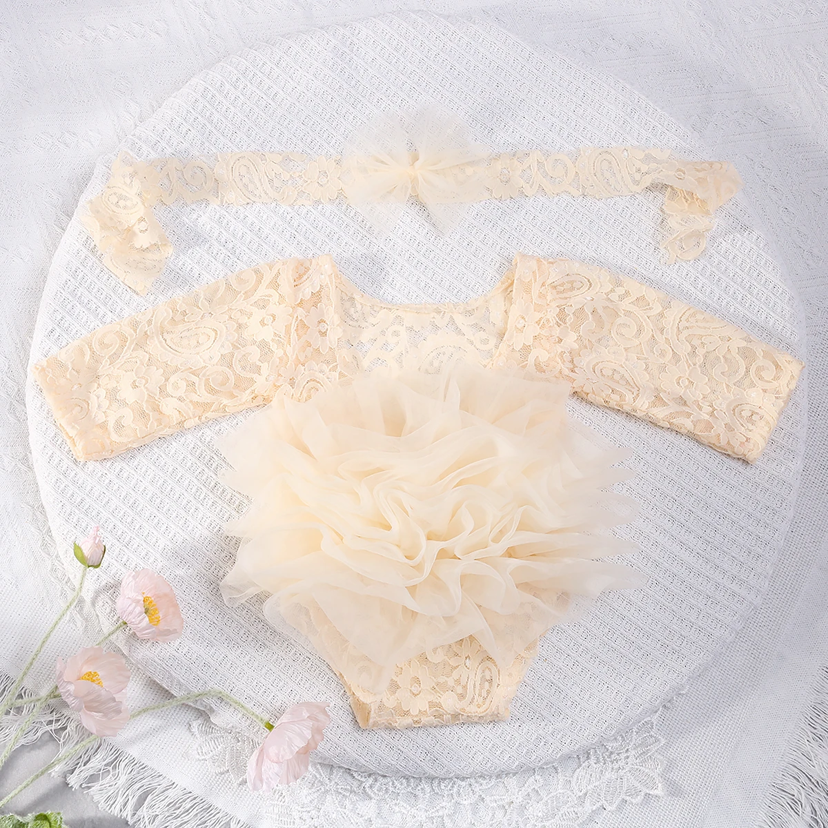 Ylsteed 2-teiliges Set, staubiger rosa Spitzen-Strampler für Neugeborene für Fotoshootings, flauschige Mesh-Spitzen-Fotografie-Outfits mit Stirnband – Detail 33
