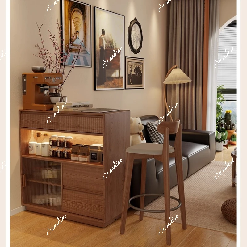 Solid wood dining side cabinet retractable bar table integrated against the wall side cabinet, storage