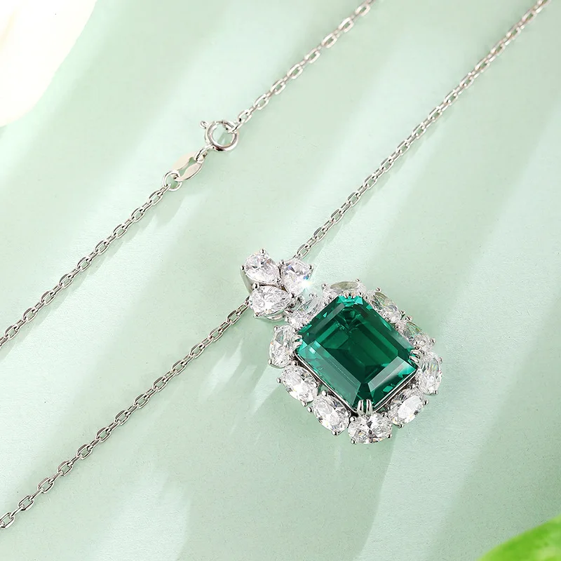 Luxury Lab Grown Colombian Emerald With Inclusions Emerald Shape 10CT Green Pendant Silver Necklace For Lady Christmas Gift