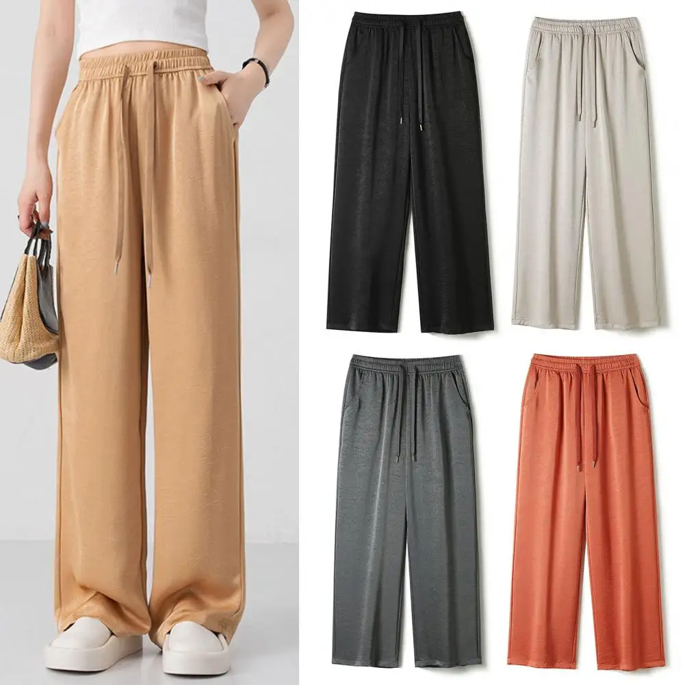 Wide-leg Casual Pants Stylish Women's Elastic Waist Wide-leg Pants Solid Color Straight Trousers Adjustable for Everyday