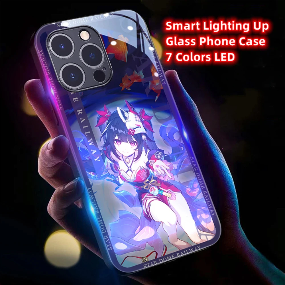 

2024 Honkai Design Sound Control LED Flash Case Luminous Glass Cover For Samsung S24 S23 S22 S21 S20 FE Note 10 20 Plus Ultra