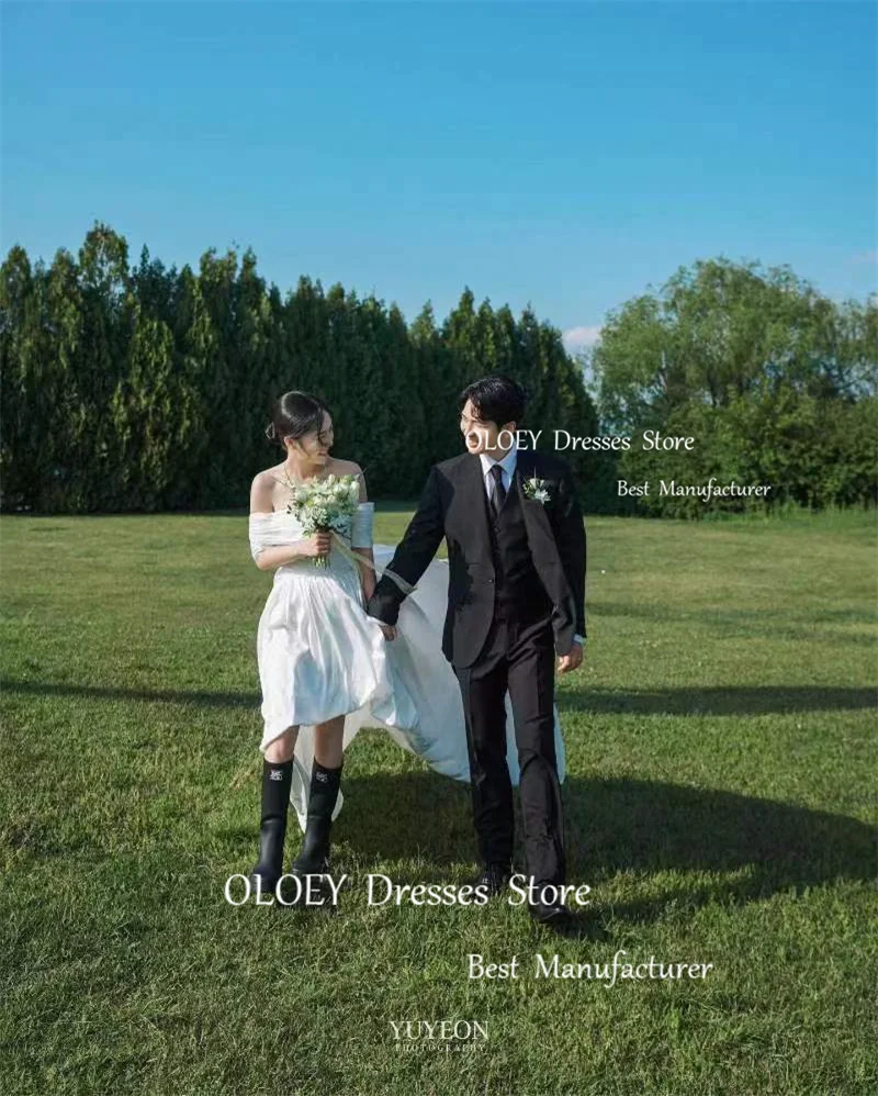 OLOEY Sexy Off spalla taffetà alto basso abiti da sposa corto davanti lungo dietro corea servizio fotografico corsetto indietro abiti da sposa