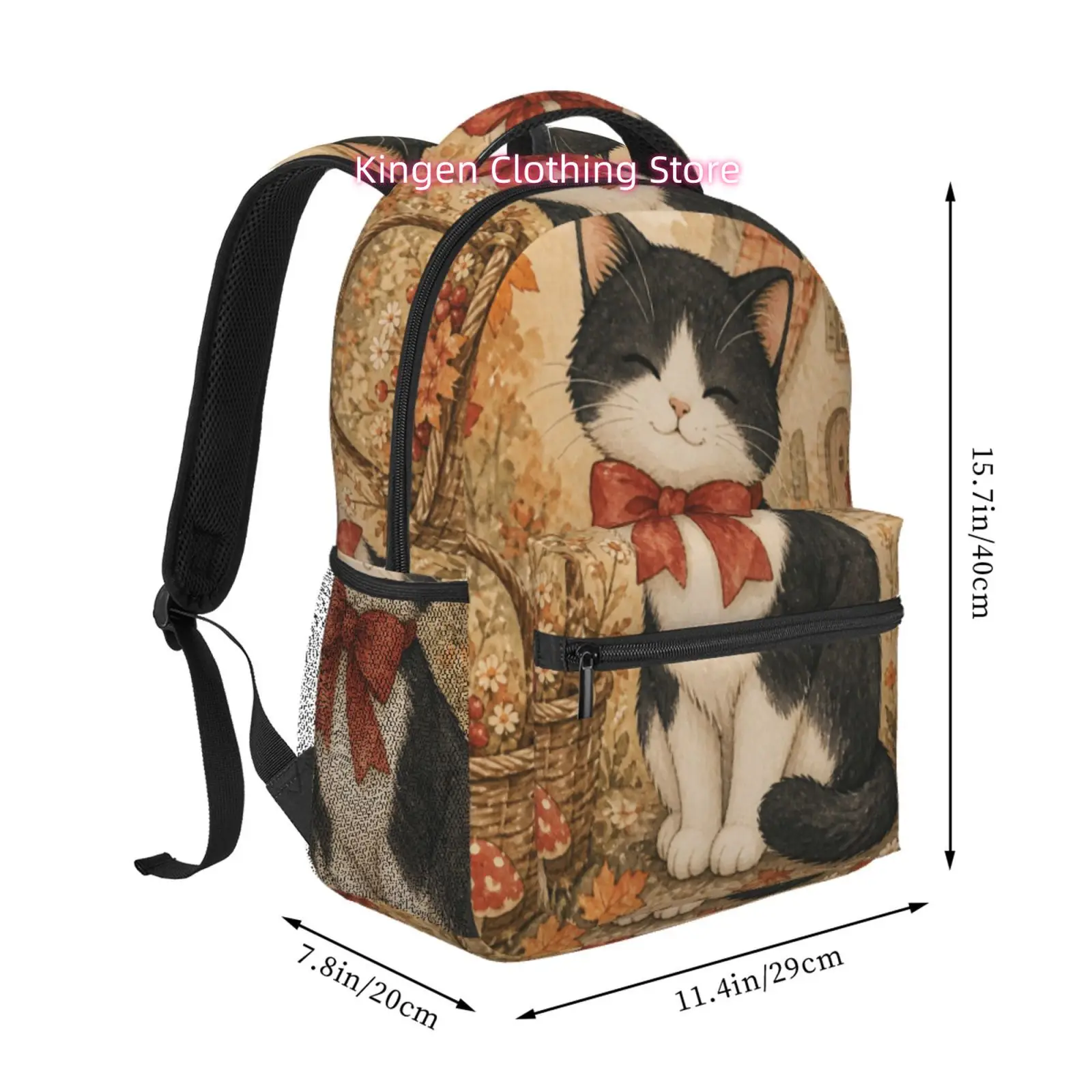 Vintage Autumn Black and White Cat Print Adult Backpack, Oxford Cloth Adjustable Shoulder Strap Casual Daypack for Cat Lovers& W