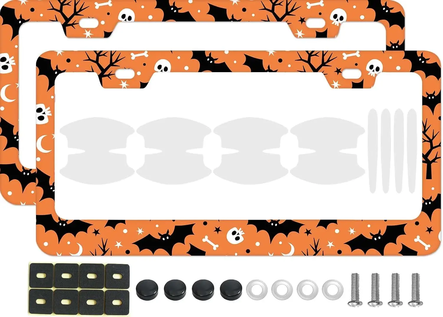 Halloween License Plate Frame 2 Pcs, Spooky Bat and Skull Pattern Decorative Metal Car Tag Holder, Orange and Black Holiday