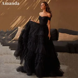 Amanda Luxury Multilayer Evening Dress Black Off Shoulder Party Dress Ball Gown Prom Dress 2024 Puffy فساتين مناسبة رسمية