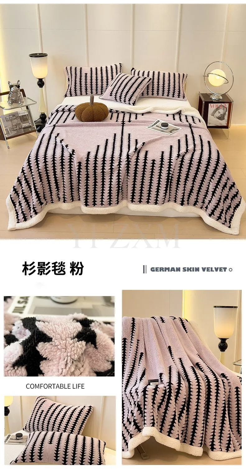 Double Layer Fleece Warm Winter Blanket Striped Thick Plush Blanket for Single Double Bed Multipurpose Sofa Throw Blanket Autumn