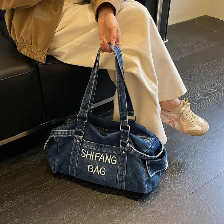 Retro Korean Embroidered Washed Denim Tote Bag Canvas Shoulder Bag Versatile Cool Daily Use Crossbody Bag for Men And Women